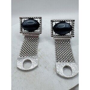Vtg Swank Silver Tone Rectangular Grey Moonglow Oval Cabochon Mesh Cufflinks